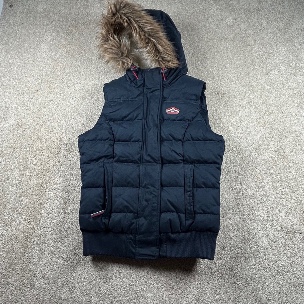 Superdry Hooded Gilet Puffer Vest Navy Blue Sherpa Lined Faux Fur XS 1654